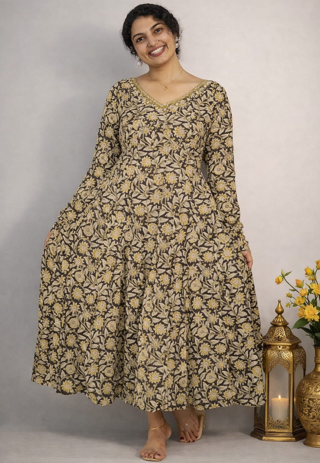 Kalamkari panneled Anarkali - Mizhiboutique