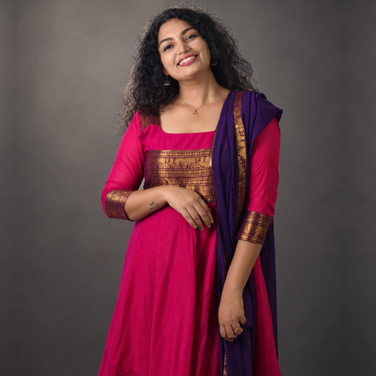 MIZHI kanji cotton Anarkali suit with matching duppatta, featuring traditional embroidery and elegant design.