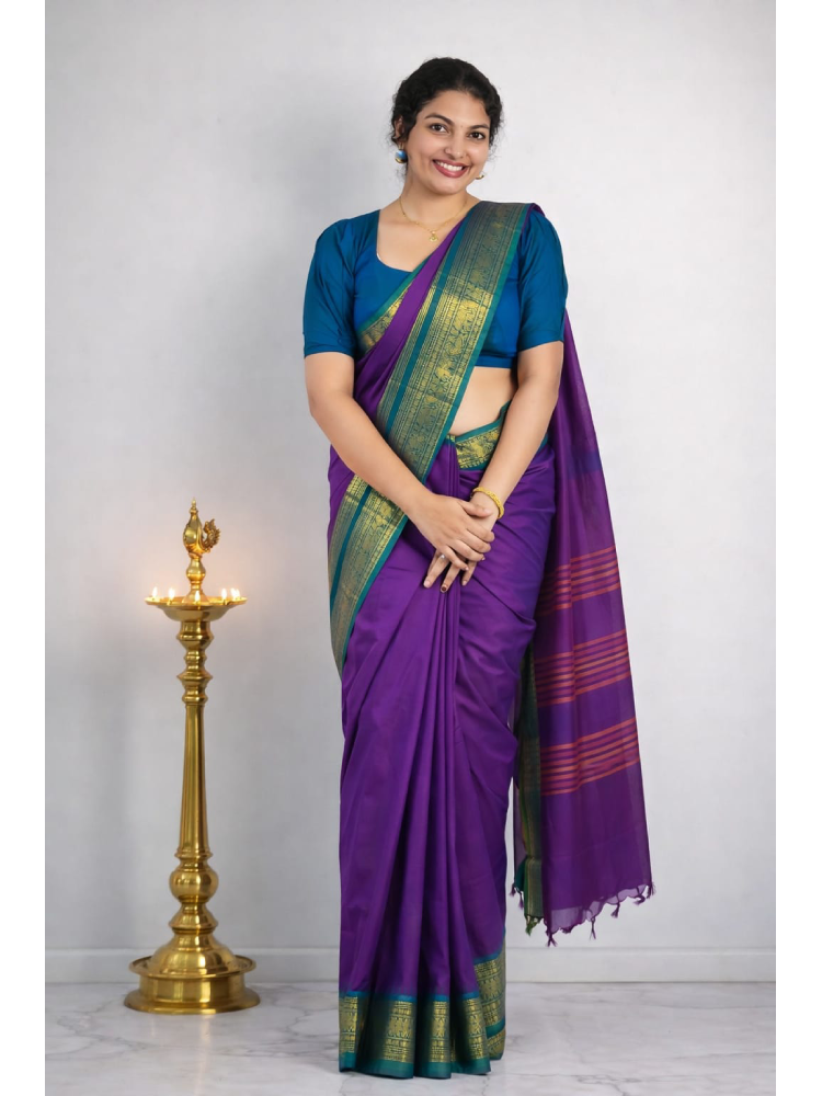 MIZHI kanji cotton saree with intricate traditional patterns in soft, breathable fabric, showcasing elegant Indian textile design.