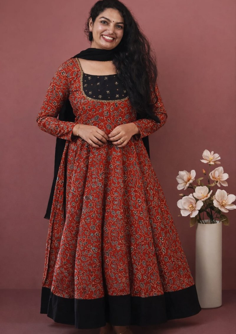 Umbrella flaired anarkali in Ajrakh prints with Duppatta - Mizhiboutique