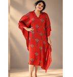 Red modal silk ajrakh kaftan by MIZHI featuring intricate traditional patterns and a flowing, comfortable design.