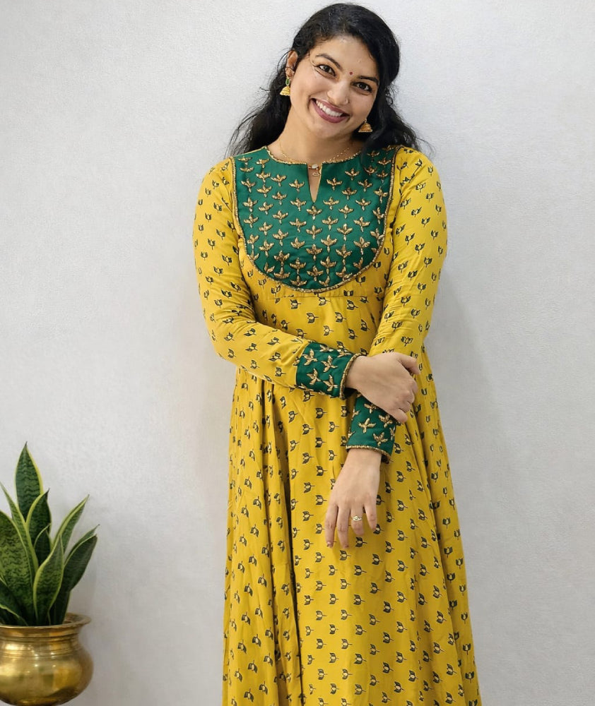 Modal Silk Hand worked Umbrella-Flared Kurti - Mizhiboutique