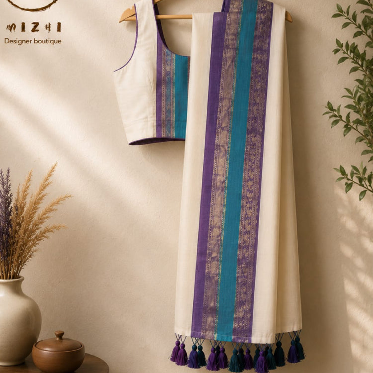Mul Cotton Saree with Royal Purple-Teal Zari Border & Kunjalam