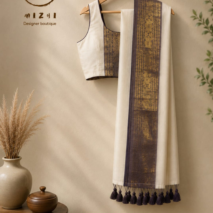 Mul Cotton Saree with Deep Brown Ornate Gold Zari Border & Kunjalam