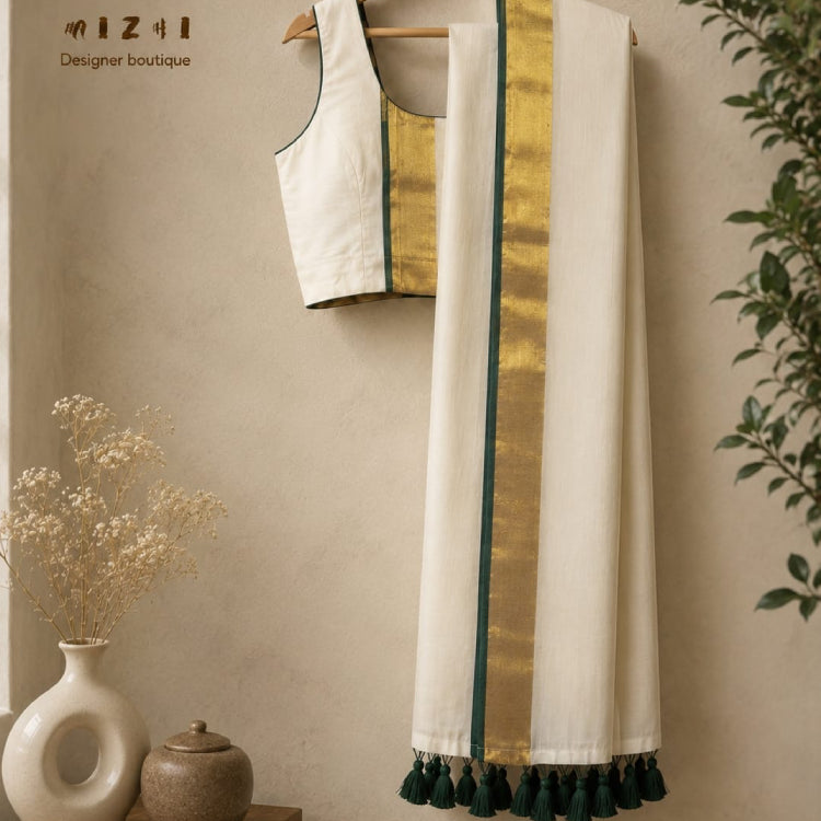 Elegance in Off-White & Dark Green Mul Cotton Saree