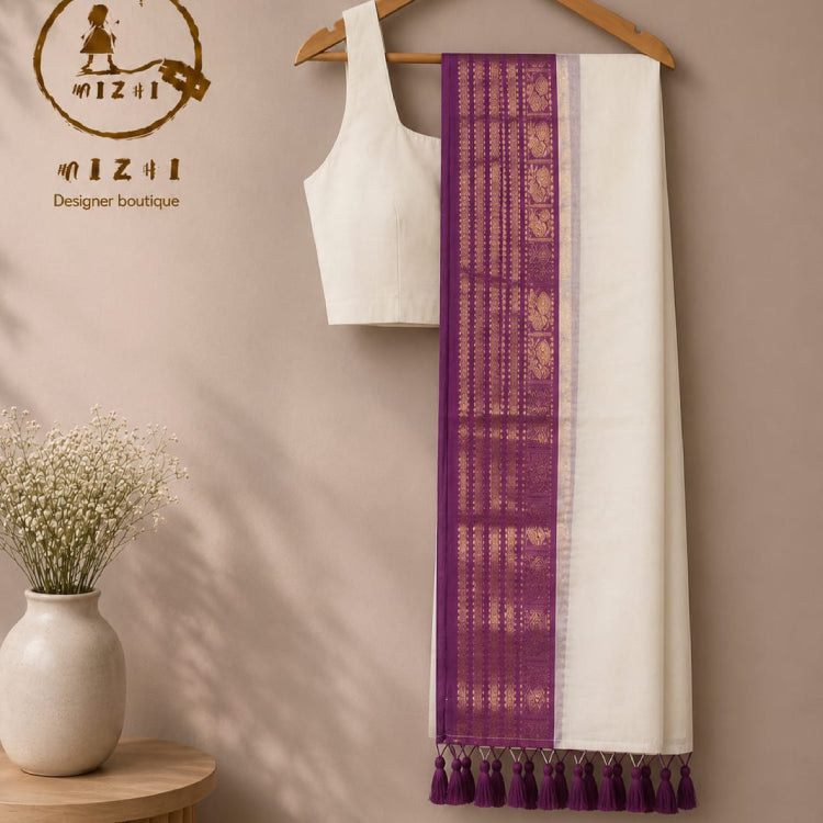 Off-White Mul Cotton Saree with Royal Purple & Gold Zari Border