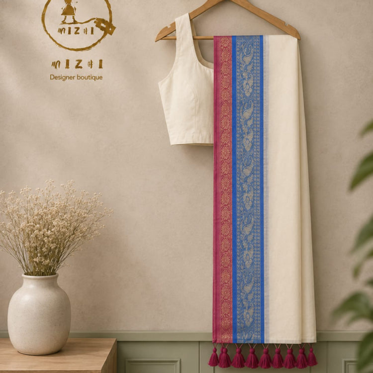 Off-White Mul Cotton Saree with Royal Blue & Magenta Zari Border