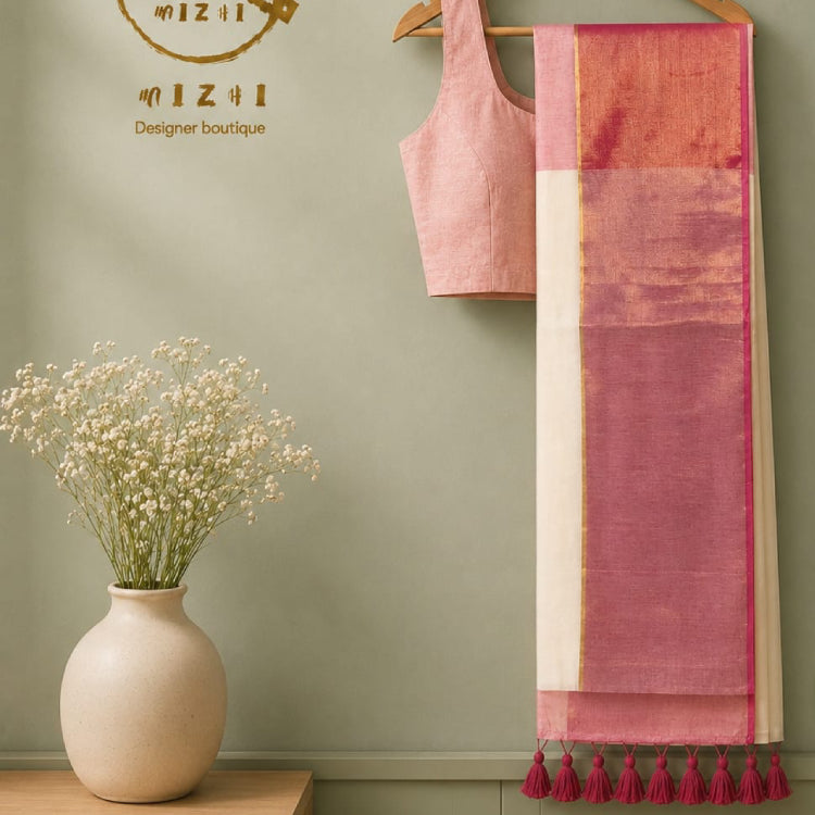 Off-White Mul Cotton Saree with Dusty Pink & Gold Zari Border