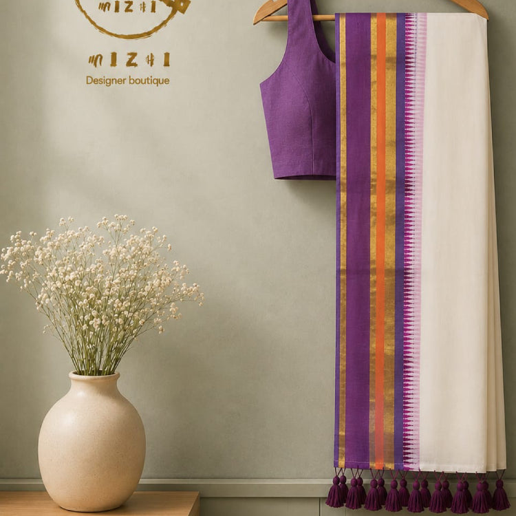 Off-White Mul Cotton Saree with Purple, Orange & Gold Zari Border