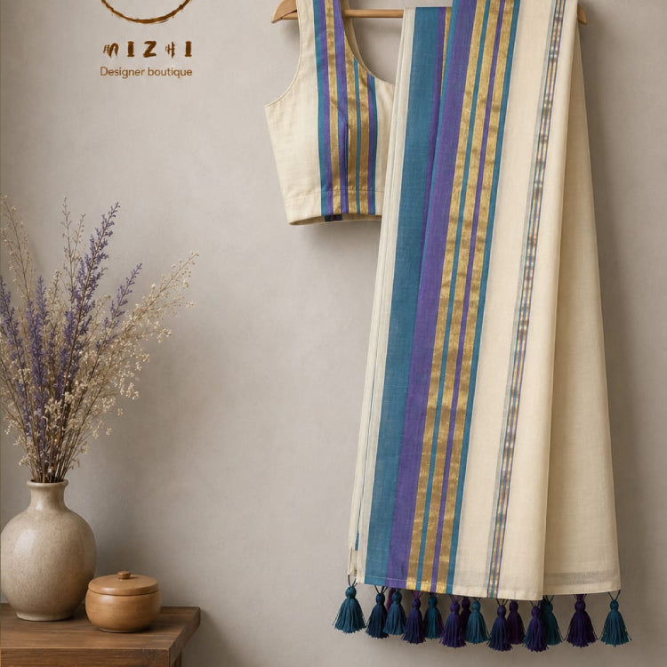 Mul Cotton Saree with Teal-Purple Kasavu Border & Kunjalam