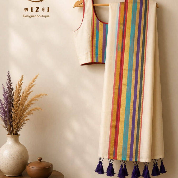 Mul Cotton Saree with Vibrant Multi-Color Border & Kunjalam