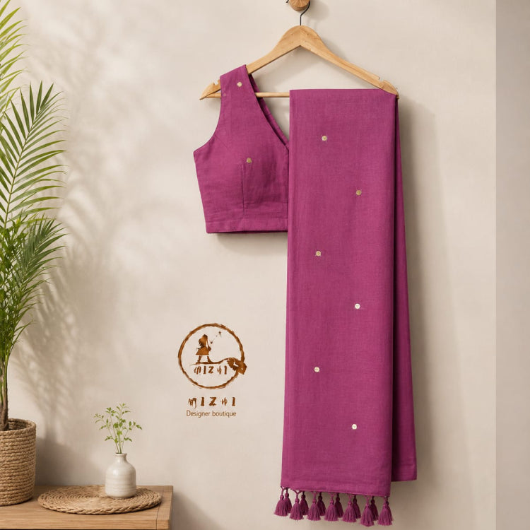 MIZHI Mul Cotton Saree with intricate mirror butta design in soft cotton fabric, displayed with traditional draping style.