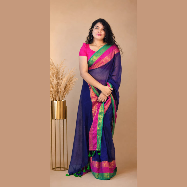 Blue Mul Cotton saree with Kanji border by MIZHI, featuring intricate design and traditional craftsmanship.