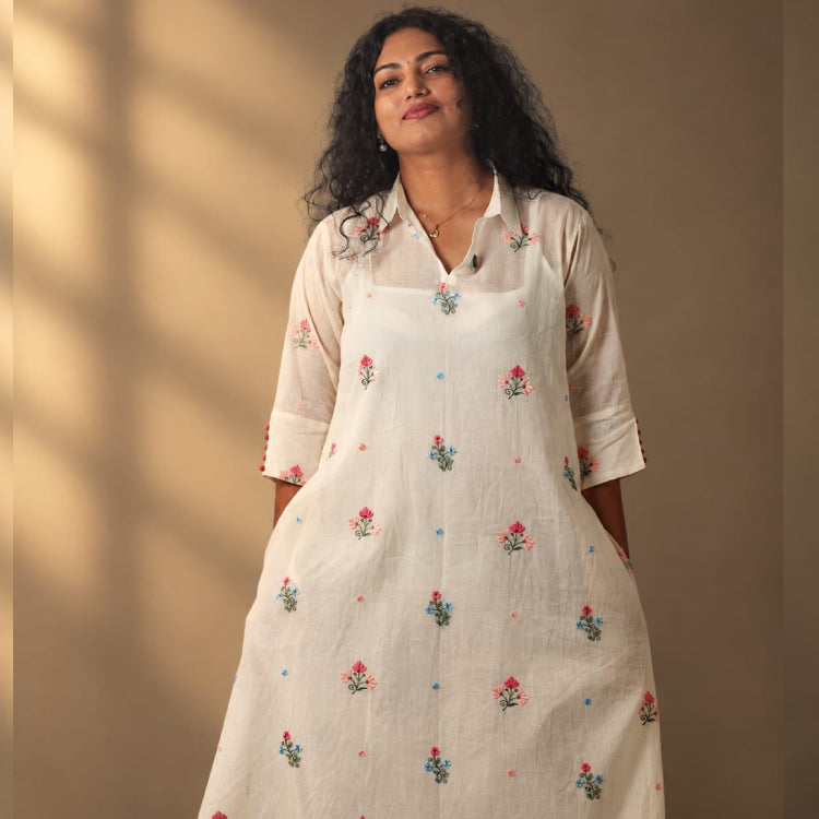 MIZHI Antifit Mul Chanderi frock featuring a traditional Chanderi fabric with intricate patterns and a stylish, elegant design.