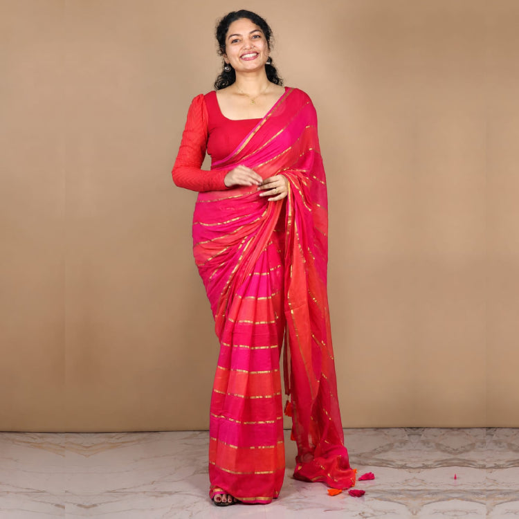Soft Mul Cotton Saree with Gold Stripes