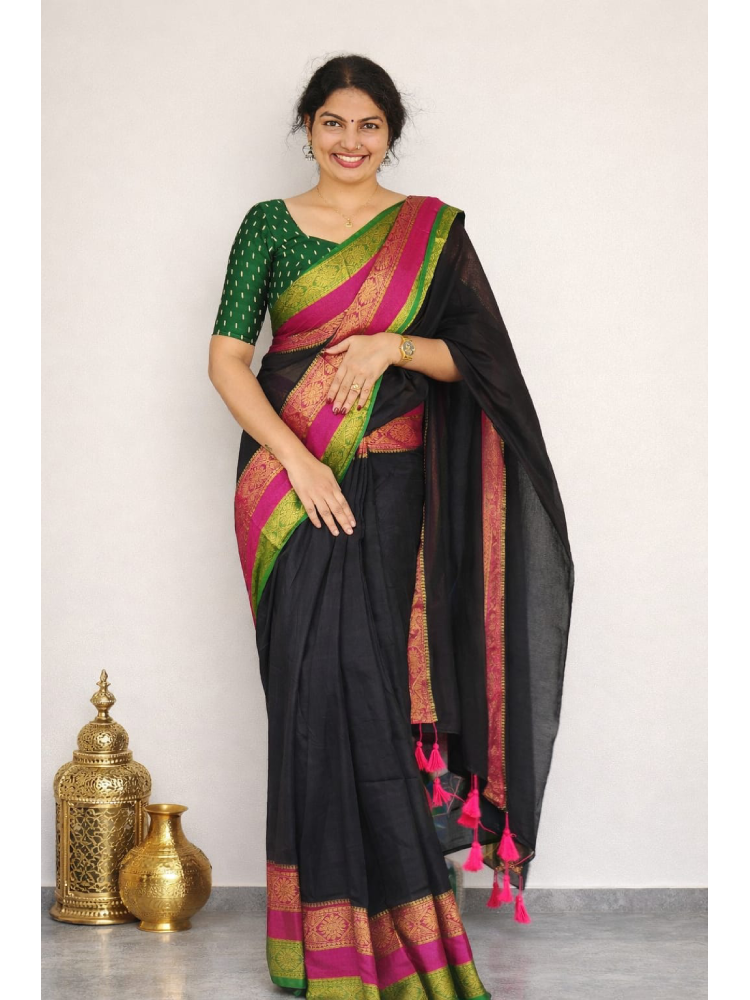 Black mul cotton saree by MIZHI, showcasing soft fabric and elegant drape, perfect for traditional occasions.