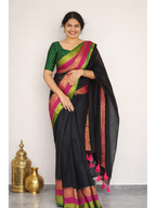 Black mul cotton saree by MIZHI, showcasing soft fabric and elegant drape, perfect for traditional occasions.