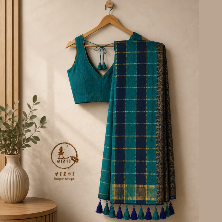 MIZHI teal and navy checked mul cotton saree with traditional pattern, lightweight and comfortable for everyday wear.
