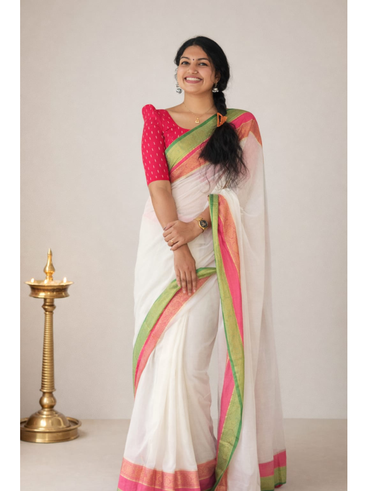 Pink border mul cotton saree by MIZHI displayed elegantly on a mannequin, showcasing its lightweight fabric and vibrant color.