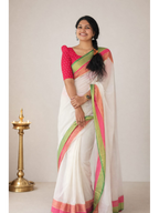 Pink border mul cotton saree by MIZHI displayed elegantly on a mannequin, showcasing its lightweight fabric and vibrant color.