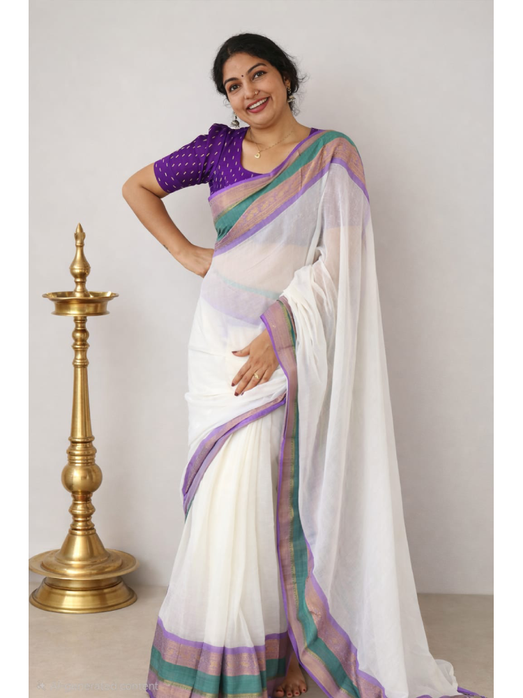 MIZHI mul cotton saree in elegant purple with delicate texture, showcasing draping style and rich fabric details.
