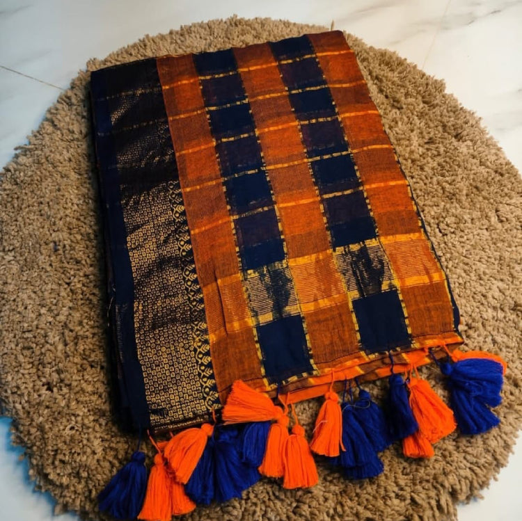 Mul cotton saree orange and blue