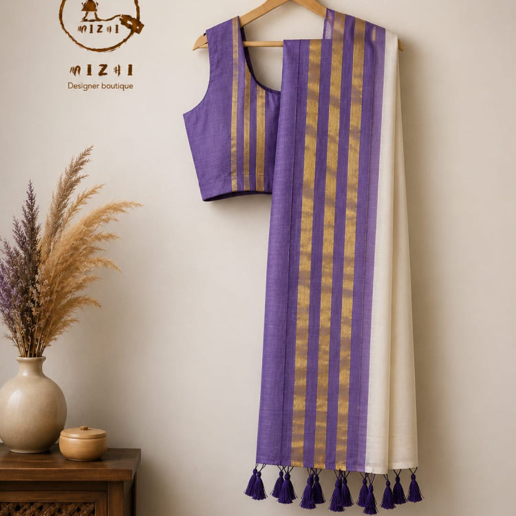 Mul Cotton Saree – Purple Gold Stripe Variant