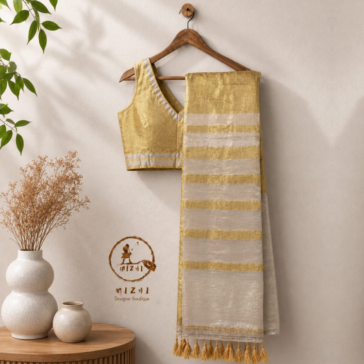 MIZHI dual tone mustard and ivory mul cotton saree with traditional pattern, lightweight and elegant for festive occasions.
