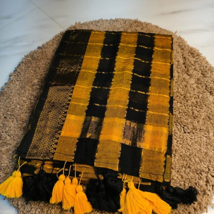 Mul cotton saree Yellow and black