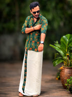 MIZHI traditional mundu and shirt set, white shirt with gold accents and matching white mundu with gold border, displayed on white background.