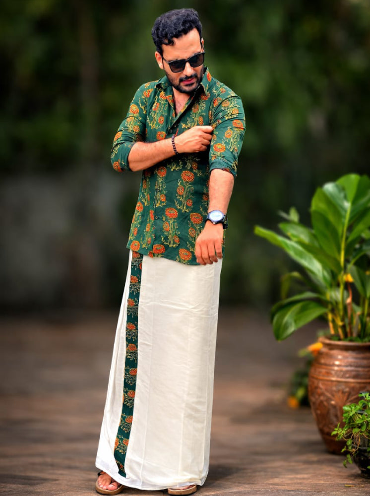 MIZHI traditional mundu and shirt set, white shirt with gold accents and matching white mundu with gold border, displayed on white background.