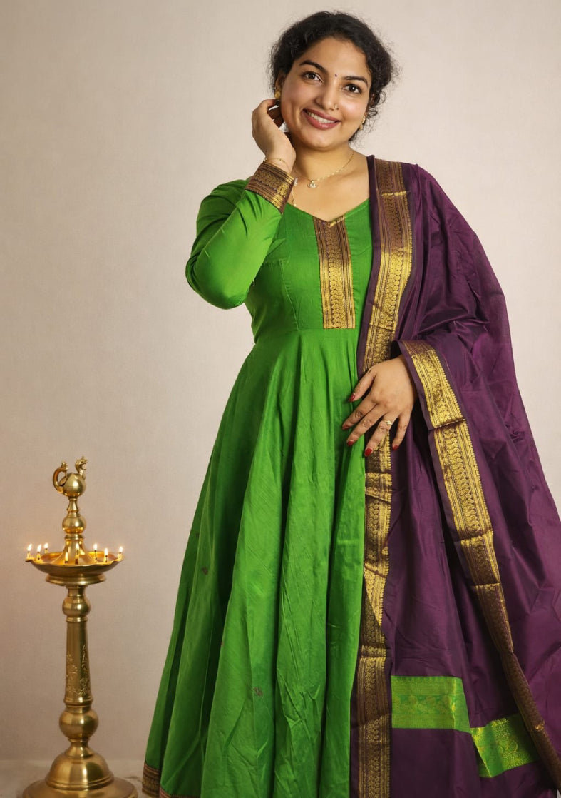 Narayan patt green and purple dress - Mizhiboutique