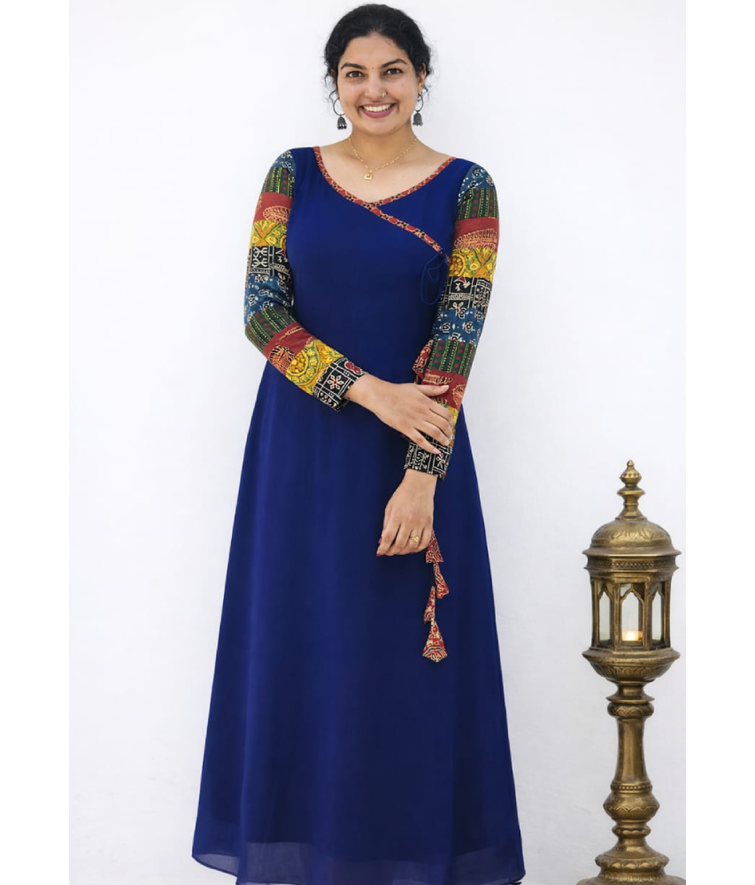Navy blue MIZHI Aline dress featuring multi Ajrakh print sleeves and a flowing Georgette fabric design.