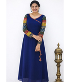 Navy blue MIZHI Aline dress featuring multi Ajrakh print sleeves and a flowing Georgette fabric design.