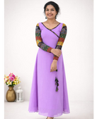MIZHI Aline dress with multi sleeves in Ajrakh print, featuring a pastel lavender color and flowing silhouette.