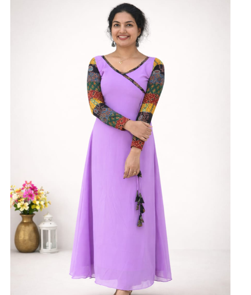 MIZHI Aline dress with multi sleeves in Ajrakh print, featuring a pastel lavender color and flowing silhouette.