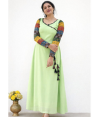 Pastel pistachio MIZHI Aline dress featuring multi sleeves in traditional Ajrakh print on Georget fabric.