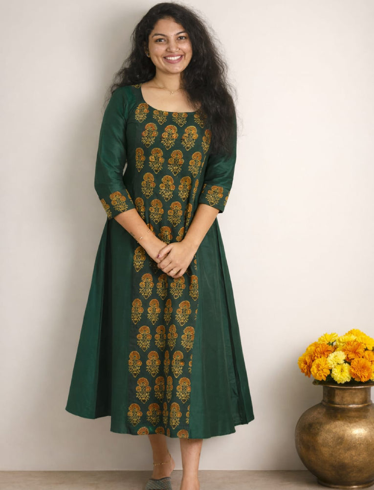 A-Line Kurti with Ajrakh Center Patch - Mizhiboutique