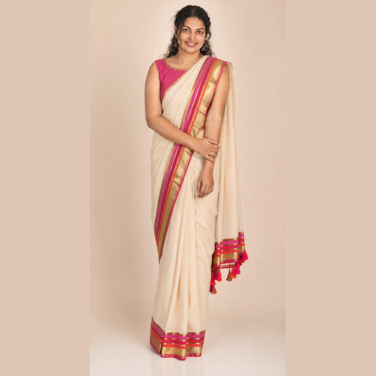 Mul Cotton Saree with Rani Pink Border