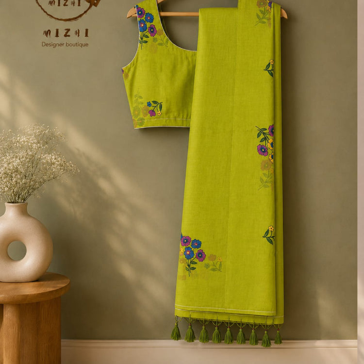 Olive gold Floral Mul Cotton Saree