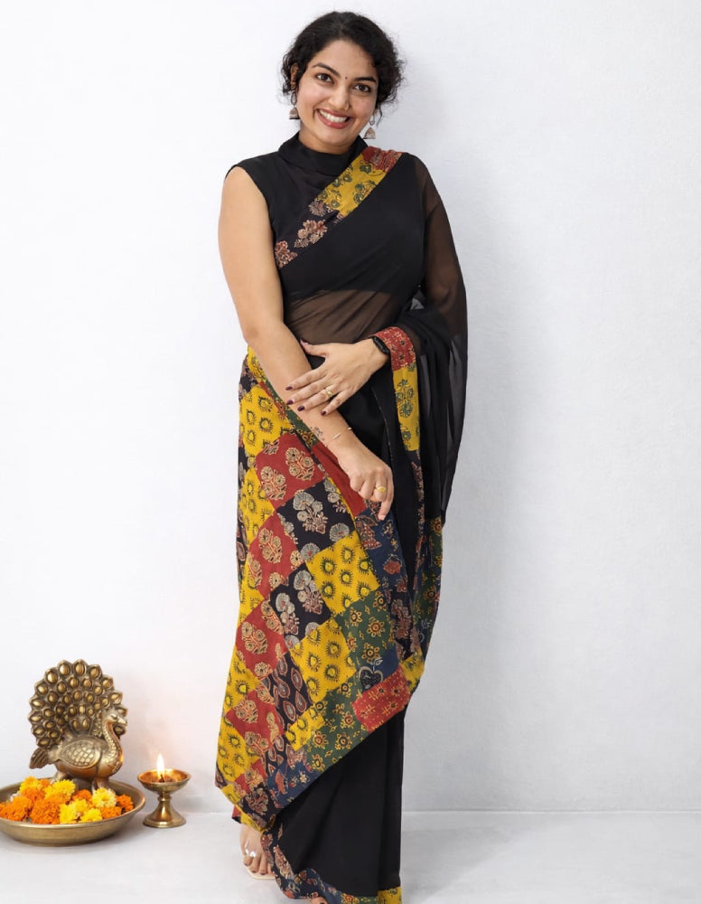 Ready-to-Wear Ajrakh Patched Saree - Mizhiboutique