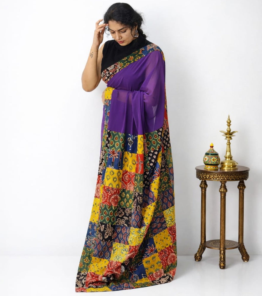 Ready-to-Wear Ajrakh Patched Saree - Mizhiboutique