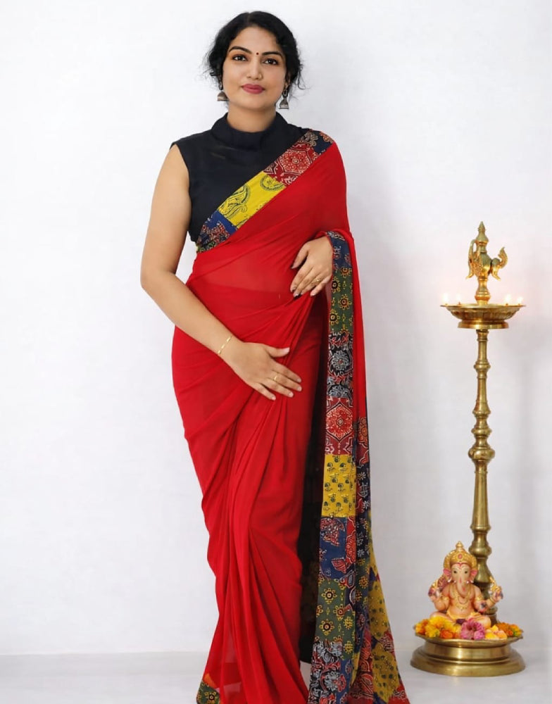 Ready-to-Wear Ajrakh Patched Saree - Mizhiboutique