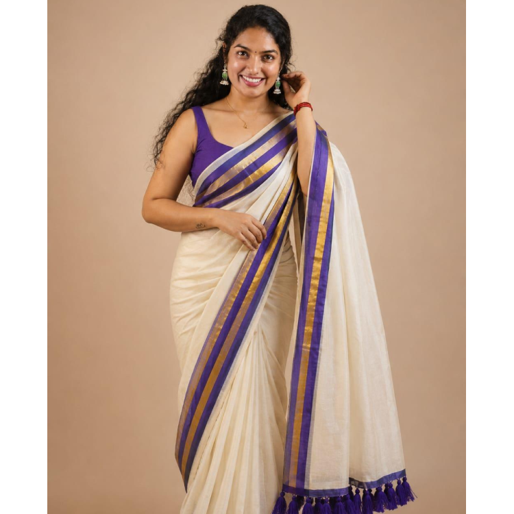 Mul Cotton Saree with Royal Purple Border