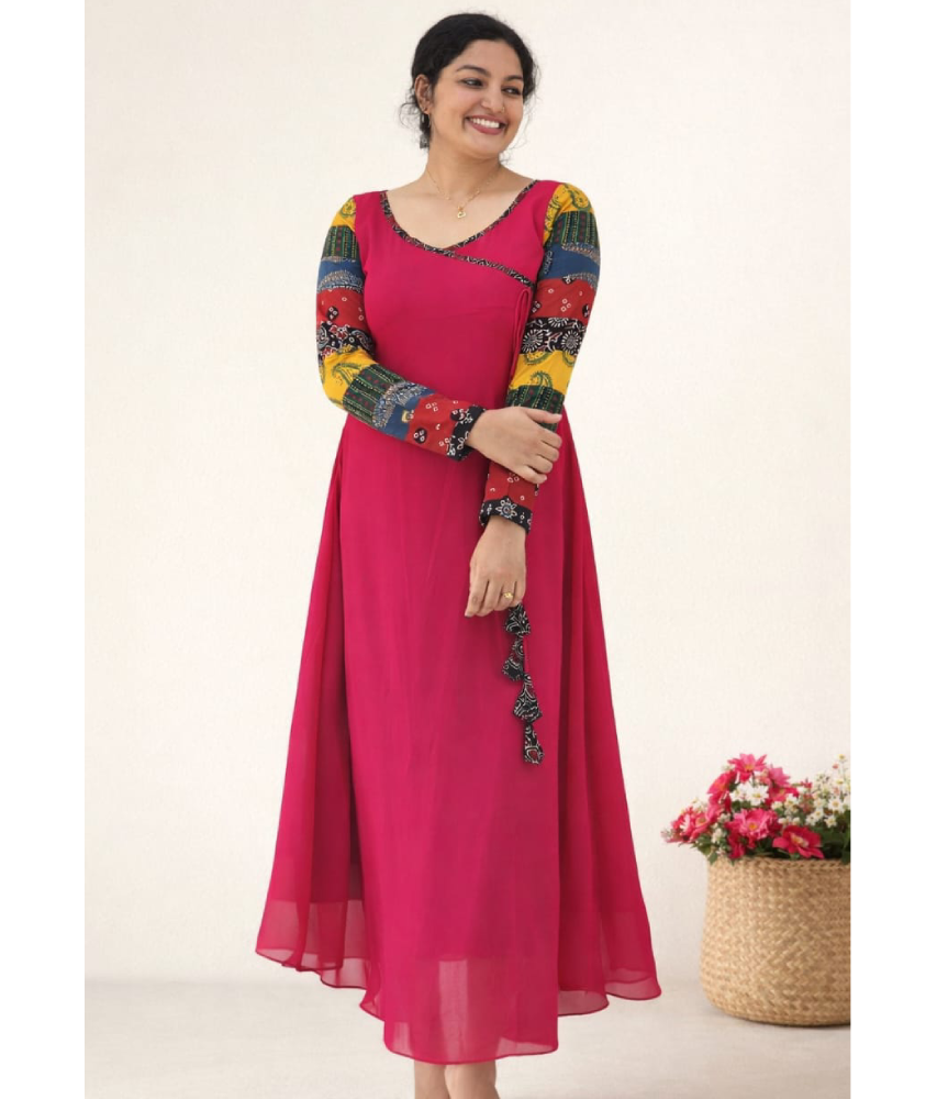 MIZHI Aline dress featuring multi sleeves in Ajrakh print with a flowing Georget fabric design.