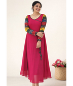 MIZHI Aline dress featuring multi sleeves in Ajrakh print with a flowing Georget fabric design.
