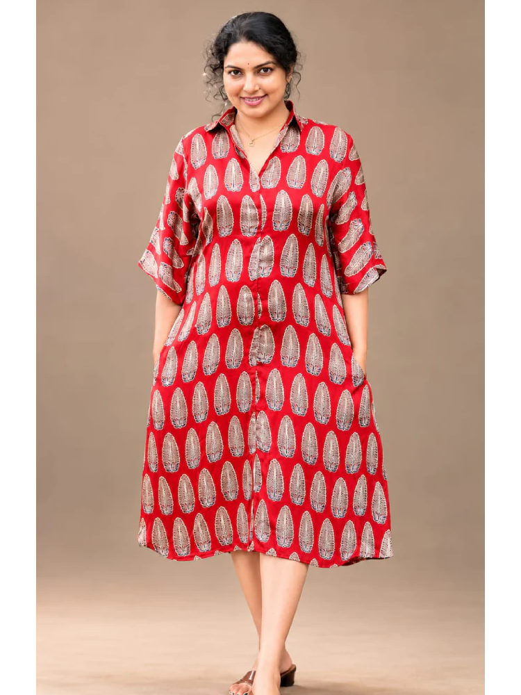 Red Ajrakh shirt collar kurti by MIZHI, featuring intricate traditional block print and a comfortable fit.