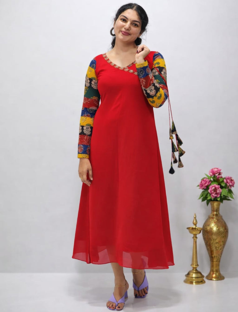 Multi sleeves in ajrakh with georget Aline top - Mizhiboutique