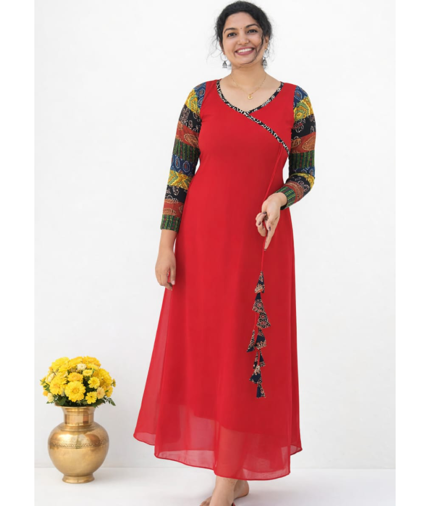 Red Ajrakh Aline dress with multi sleeves and Georget fabric by MIZHI, showcasing intricate patterns and elegant design.