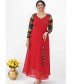 Red Ajrakh Aline dress with multi sleeves and Georget fabric by MIZHI, showcasing intricate patterns and elegant design.